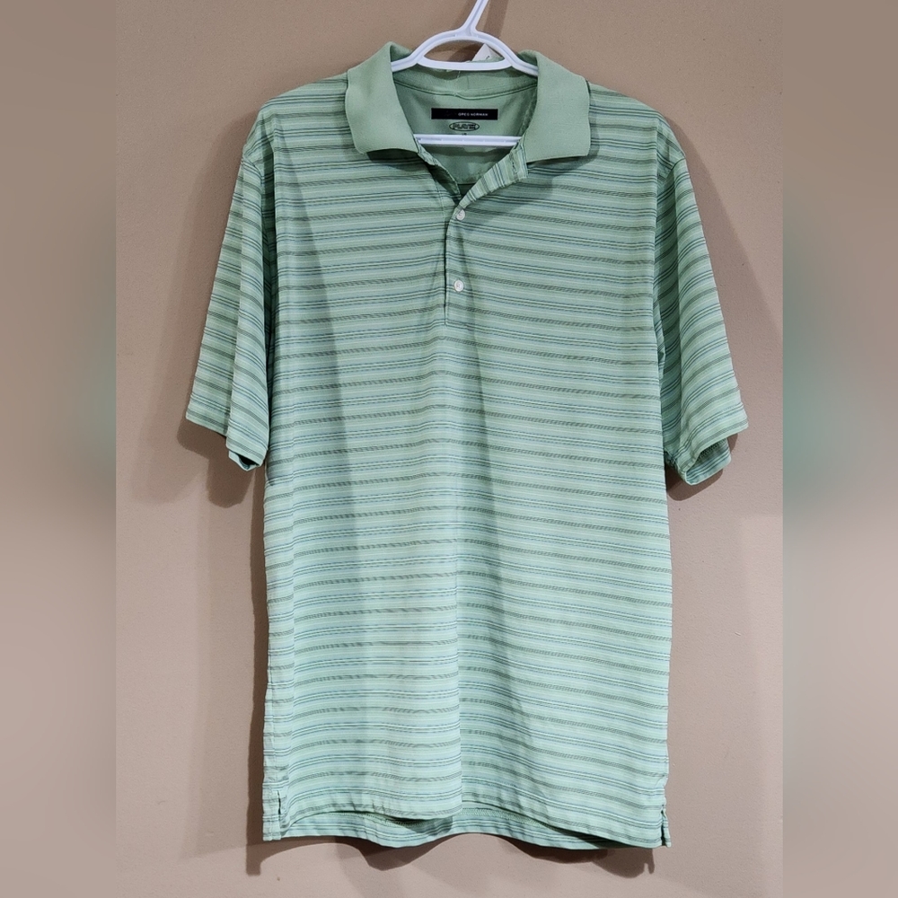 Greg Norman Shark Green With White/blue Stripes Men L Golf Polo Play Dry